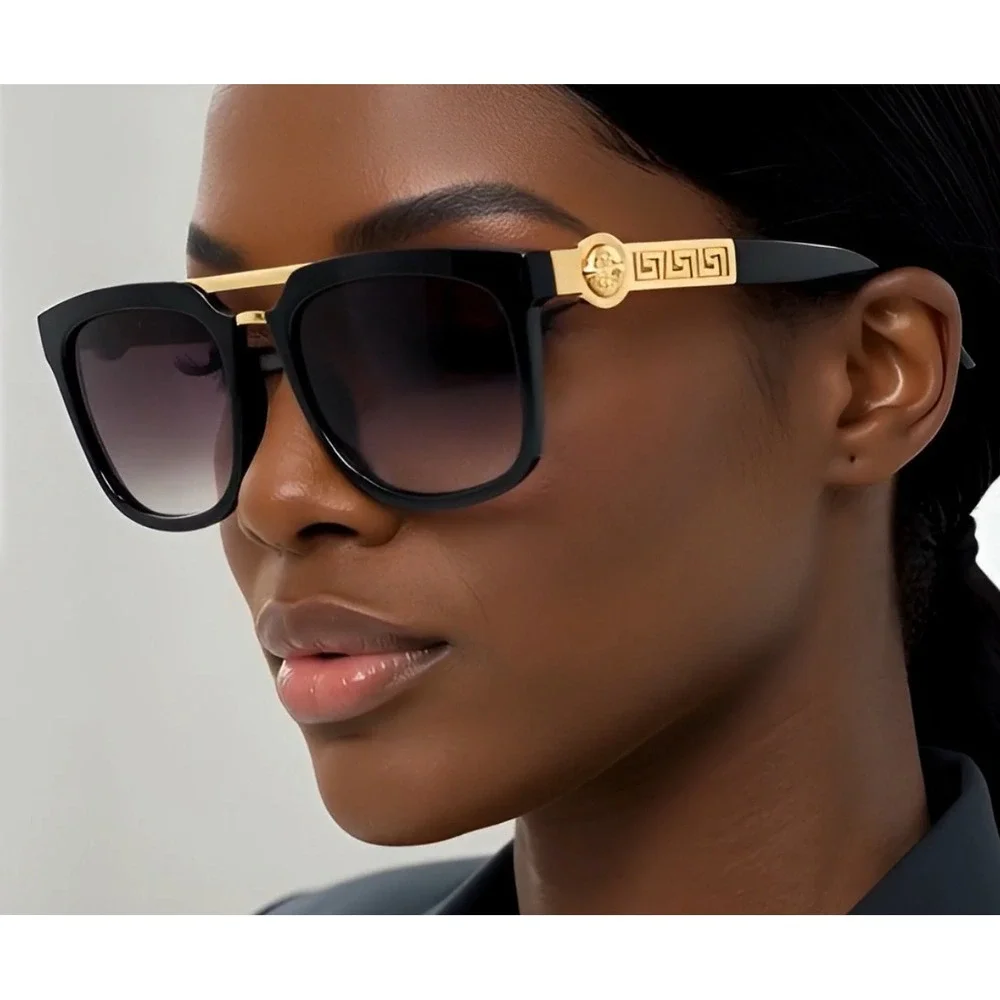 Women Sunglasses Square Gold Metal Top Bar‎ Black Lens Retro Oversized Fashion
